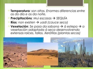  Temperatura:   son altas. Enormes diferencias entre
  as do día e as da noite.
 Precipitacións: Mui escasas  SEQUÍA
 Ríos: non existen  uadi (cauce seco)
 Vexetación: Se pasa da sabana  á estepa  a
  vexetación adaptada á seca desenvolvendo
  extensas raíces, tallos. Xerófilas (plantas secas)
 