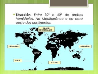  Situación: Entre 30º e 40º de ambos
 hemisferios. No Mediterráneo e na cara
 oeste dos continentes.
 