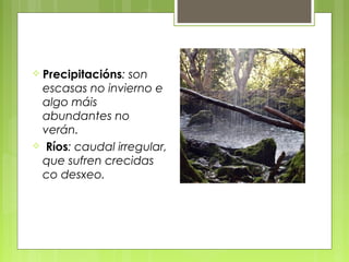  Precipitacións: son
 escasas no invierno e
 algo máis
 abundantes no
 verán.
 Ríos: caudal irregular,
 que sufren crecidas
 co desxeo.
 