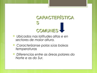 CARACTERÍSTICA
                 S
                 COMUNES
    Ubicados nas latitudes altas e en
    sectores de maior altura.
    Caracterízanse polas súas baixas
    temperaturas
   Diferencias entre as áreas polares do
    Norte e as do Sur.
 