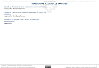 49
INTRODUCCIÓN A LA CIENCIA DE LOS MATERIALES Y SUS PROPIEDADES - I ANE MIREN GARCÍA ROMERO Y NURIA MONASTERIO GUISASOLA
Tema 6: Comportamiento mecánico de los materiales
UNIVERSIDAD DEL PAÍS VASCO / EUSKAL HERRIKO UNIBERTSITATEA ESCUELA DE INGENIERÍA DE BILBAO / BILBOKO INGENIERITZA ESKOLA
REFERENCIAS Y AUTORÍA DE IMÁGENES
Figura 6.43: Fundamento de los ensayos de dureza más habituales.
Imagen de Ane Miren García Romero.
Figura 6.44: Características básicas de los ensayos de dureza más
habituales.
Imagen de Ane Miren García Romero.
Figura 6.45: Dureza HRC versus dureza HV para aceros
austenoferríticos.
Imagen de [3].
 