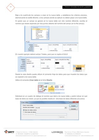 Tema 6. Consultas de acción y asistente
C/ Miguel de Unamuno, 1_47008_Valladolid
Tel. 983249455 / 625569162_Fax 983243547
alfredovela@revistaformacion.com_www.ticsyformacion.com
Plaza Iturrilun nº5 bajo_20800 Zarautz_Gipuzkoa
Tel. 943830230_Fax 943830233
comercial@lombokdesign.com_www.lombokdesign.com
11
Baje a la cuadrícula los campos a crear en la nueva tabla, y establezca los criterios precisos,
desmarcando la casilla Mostrar, si los campos donde se aplican no deben pasar a la nueva tabla.
Si quiere que un campo se genere en la nueva tabla con otro nombre diferente, escriba el
nombre que desee separado por dos puntos delante del nombre del campo (en la fila campo).
En nuestro ejemplo deberá activar Totales, para que no repita el AULA
Desde la vista diseño puede utilizar el comando Hoja de datos para que muestre los datos que
se copiarán a la nueva tabla
Utilice el comando Crear tabla de la ficha Diseño
Solicitará en un cuadro de diálogo el nombre que dará a la nueva tabla y podrá indicar en qué
base de datos se creará, ya que es posible crearla en otra base de datos diferente a la activa.
 