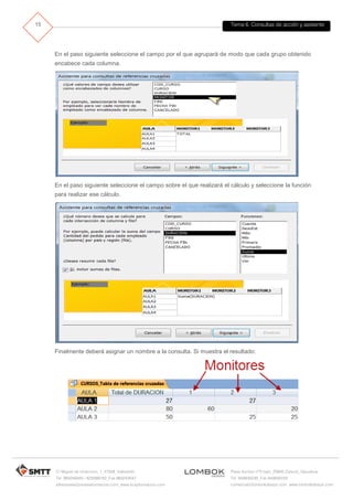Tema 6. Consultas de acción y asistente
C/ Miguel de Unamuno, 1_47008_Valladolid
Tel. 983249455 / 625569162_Fax 983243547
alfredovela@revistaformacion.com_www.ticsyformacion.com
Plaza Iturrilun nº5 bajo_20800 Zarautz_Gipuzkoa
Tel. 943830230_Fax 943830233
comercial@lombokdesign.com_www.lombokdesign.com
15
En el paso siguiente seleccione el campo por el que agrupará de modo que cada grupo obtenido
encabece cada columna.
En el paso siguiente seleccione el campo sobre el que realizará el cálculo y seleccione la función
para realizar ese cálculo.
Finalmente deberá asignar un nombre a la consulta. Si muestra el resultado:
 