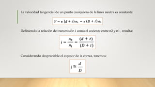 La velocidad tangencial de un punto cualquiera de la línea neutra es constante:
Definiendo la relación de transmisión i como el cociente entre n2 y n1 , resulta:
Considerando despreciable el espesor de la correa, tenemos:
 