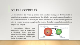 POLEAS Y CORREAS
Los mecanismos de poleas y correas son aquellos encargados de transmitir la
rotación (con una cierta potencia) entre dos árboles que pueden estar alineados o
no. Dicha transmisión se realiza por medio de la fuerza de rozamiento generada
entre la polea y la correa, excepto en las correas dentadas en que la transmisión se
asegura por empuje.
El mecanismo básico esta
constituido, como se observa en
la siguiente figura, por dos
poleas, conductora y conducida,
que se encuentran unidas por
medio de una correa
 