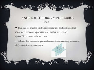 ÁNGULOS DIEDROS Y POLIEDROS


 Igual que los ángulos en el plano los ángulos diedros pueden ser
cóncavos o convexos y por otro lado pueden ser: Diedro
agudo, Diedro recto y diedro obtuso

 Además dos planos son perpendicuares si son secantes y los cuatro
diedros que forman son rectos
 