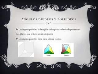 ÁNGULOS DIEDROS Y POLIEDROS


 Un ángulo poliedro es la región del espacio delimitada por tres o
más planos que concurren en un punto

 Un ángulo poliedro tiene cara, vértice y arista
 