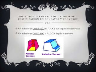 P O L I E D R O S . E L E M E N T O S D E U N P O L I E D R O.
  C L A S I F I C A C I Ó N E N C Ó N C AV O S Y C O N V E X O S



 Un poliedro es CONVEXO si TODOS sus ángulos son convexos

 Un poliedro es CÓNCAVO si ALGÚN ángulo es cóncavo
 