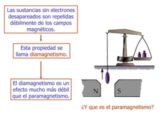 Las sustancias sin electrones  des apareados son repelidas débilmente de los   campos magnéticos. Esta propiedad se llama  diamagnetismo. El diamagnetismo es un efecto mucho más débil que el  p aramagnetismo. ¿Y que es el paramagnetismo? 