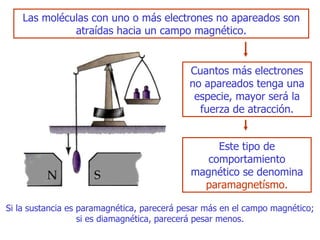 Las moléculas con uno o más electrones no apareados son atraídas hacia un   campo magnético. Cuantos más electrones no apareados tenga una especie, mayor será la fuerza de atracción . Este tipo de comportamiento magnético se denomina  paramagnetísmo. Si la sustancia es paramagnética, parecerá pesar más en el campo   magnético; si es diamagnética, parecerá pesar menos. 