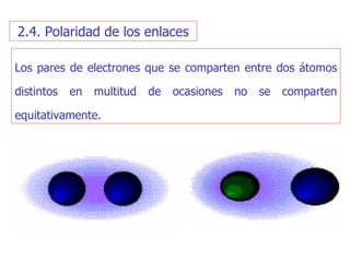 2.4. Polaridad de los enlaces Los pares de electrones que se comparten entre dos átomos distintos  en multitud de ocasiones  no se comparten equitativamente. 