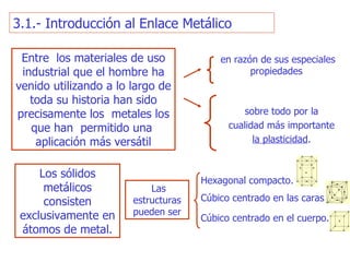 3.1.-  Introducción al Enlace Metálico en razón de sus especiales   propiedades  Los sólidos metálicos consisten exclusivamente en átomos de metal . Las  estructuras  pueden ser Hexagonal   compacto. Cúbic o  centrad o  en las caras . C úbic o  centrad o  en el cuerpo . Entre  los materiales de uso industrial que el hombre ha venido utilizando a lo largo de toda su historia han sido precisamente los  metales los   que han  permitido una  aplicación más versátil sobre todo por la cualidad más importante  la plasticidad . 