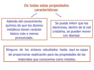 De todas estas propiedades características : Ninguno  de  los  enlaces  estudiados  hasta  aquí es capaz de proporcionar explicación para las propiedades de los materiales que conocemos como  m etales. A demás del conocimiento químico   de que los átomos metálicos tienen carácter básico más o menos pronunciado . S e puede inferir que los electrones, dentro de la red cristalina, se pueden   mover con libertad . 