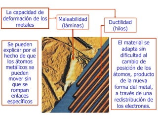 La capacidad de deformación de los metales S e pueden explicar por el hecho de que los átomos metálicos se pueden mover sin que se rompan enlaces específicos E l material se adapta sin dificultad al cambio de posición de los átomos, producto de la nueva forma   del metal, a través de una redistribución de los electrones. Maleabilidad (láminas) D uctilidad (hilos) 