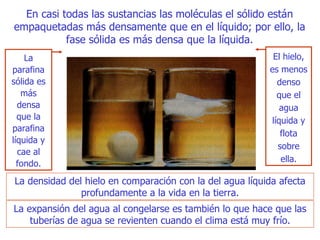 En casi todas las sustancias las moléculas el sólido está n  empa quetadas  más densamente que en el   líquido; por ello, la fase sólida es más densa que la líquida . El hielo, es menos denso que el agua líquida y flota sobre ella. La parafina sólida es más densa que la parafina líquida y cae al fondo. La densidad del hielo en comparación con la del agua líquida afecta pro fundamente a la vida en la tierra. La expansión del agua al  c ongelarse es   tam bién  lo que hace que las tuberías de agua se revienten cuando el clima está muy frío. 