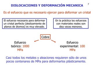 DISLOCACIONES Y DEFORMACIÓN MECA NI C A Es e l esfuerzo  que es  necesario  ejercer  para deformar  u n   cristal El esfuerzo necesario para deformar  u n   cristal perfecto  ( deslizamiento de planos de átomos) es muy elevado. En la   práctica los  e sfuerzos con materiales reales son diez veces   menores. Cobre Esfuerzo teórico:  1000 MPa Esfuerzo experimental:  100 MPa Casi todos los metales y aleaciones requieren sólo de unos   pocos centenares de MPa para deformarlos plásticamente. 7 