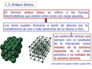 1.3.-Enlace Iónico. El término   enlace iónico   se refiere a las fuerzas electrostáticas que existen   entre iones con carga opuesta . Los iones pueden formarse a partir de átomos por   la transferencia de uno o más electrones de un átomo a otro. Las sustancias iónicas casi siempre son el resultado de la interacción entre   metales de la extrema izquierda   de la tabla periódica y   no metales de la extrema derecha . (excluidos los   gases nobles, grupo 8A). 