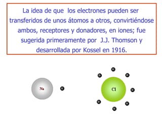 La idea de que  los electrones pueden ser  transferidos de unos átomos a   otros, convirtié ndose   ambos , receptores y don a dore s ,  en ion es ;  fue sugerida   primeramente por  J.J. Tho m son y desarrollada por Kossel en 1916. 