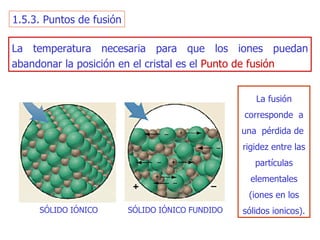 1.5.3. Puntos de fusión La temperatura necesaria para que los iones puedan abandonar la posición en el cristal es el   Punto de fusión La fusión  corresponde  a una  pérdida de  rigidez entre las   partículas elementales (iones en los sólidos ion ic os). SÓLIDO IÓNICO SÓLIDO IÓNICO FUNDIDO 