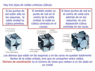 Hay tres tipos de celdas unitarias cúbicas . Si los  puntos de red están sólo en las esquinas,  la celda uni dad   es  cúbica primitiva. Si también  existe  un punto de red en el centro de la celda   uni dad , la celda   e s  cúbica centrada en el cuerpo . Si  tiene puntos de red en el centro de cada cara además de en las esquinas, e s  una disposición cúbica centrada en las caras. Los átomos que están en las e s quinas y en las caras no quedan totalmente dentro de la celda uni dad ;  sino que  se comparten entre celdas .   Número de coordinación   es el número de iones que rodean a un ión dado en un cristal 