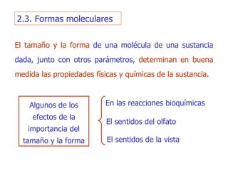 2.3. Formas moleculares El tamaño y la forma  de una molécula de una sustancia dada, junto con otros parámetros,  determinan en buena medida   las propiedades físicas y químicas de la sustancia . Algunos de los efectos de la importancia del tamaño y la forma E n las reacciones bioquímicas El  sentidos del olfato El  sentidos de la vista 