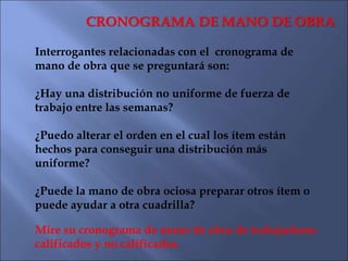 CRONOGRAMA DE MANO DE OBRA
1. Verifique la distribución de mano de obra sobre el período que cubre el
contrato.
2. El cron...