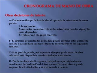 CRONOGRAMA DE MANO DE OBRA
Otras decisiones de interés:
E.-Si el número de trabajadores no calificados contratados hace
po...