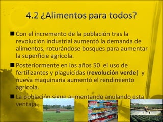 Con el incremento de la población tras la revolución industrial aumentó la demanda de alimentos, roturándose bosques para aumentar la superficie agrícola. Posteriormente en los años 50  el uso de fertilizantes y plaguicidas ( revolución verde )  y nueva maquinaria aumentó el rendimiento agrícola. La población sigue aumentando anulando esta ventaja. 