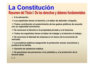 A la educación.
  Los españoles tienen el derecho y el deber de defender a España.
  Todos contribuirán al sostenimiento de los gastos públicos de acuerdo
con su capacidad económica.
  Se reconoce el derecho a la propiedad privada y a la herencia.
  Todos los españoles tienen el deber de trabajar y el derecho al trabajo.
  Se reconoce la libertad de empresa en el marco de la economía de
mercado.
   Los poderes públicos asegurarán la protección social, económica y
jurídica de la familia.
  Garantía de asistencia médica.
   Se garantizan las pensiones a los jubilados y a la protección de la
tercera edad.
(…)
 