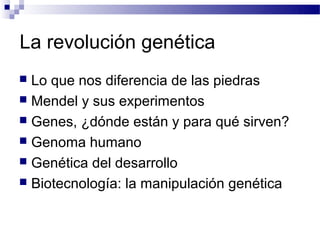 La revolución genética
 Lo que nos diferencia de las piedras
 Mendel y sus experimentos
 Genes, ¿dónde están y para qué sirven?
 Genoma humano
 Genética del desarrollo
 Biotecnología: la manipulación genética
 