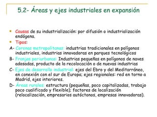 5.2- Áreas y ejes industriales en expansión Causas  de su industrialización: por difusión o industrialización endógena. Tipos :  A-  Coronas metropolitanas:  industrias tradicionales en polígonos industriales, industrias innovadoras en parques tecnológicos  B-  Franjas periurbanas:  Industrias pequeñas en polígonos de naves adosadas, producto de la recolocación o de nuevas industrias C-  Ejes de desarrollo industrial:  ejes del Ebro y del Meditarráneo, en conexión con el sur de Europa; ejes regionales: red en torno a Madrid, ejes interiores. D-  Áreas rurales:  estructura (pequeñas, poco capitalizadas, trabajo poco cualificado y flexible); factores de localización (relocalización, empresarios autóctonos, empresas innovadoras).   