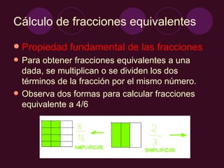 Cálculo de fracciones equivalentes Propiedad fundamental de las fracciones Para obtener fracciones equivalentes a una dada, se multiplican o se dividen los dos términos de la fracción por el mismo número. Observa dos formas para calcular fracciones equivalente a 4/6