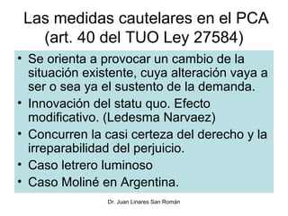 Las medidas cautelares en el PCA
   (art. 40 del TUO Ley 27584)
• Se orienta a provocar un cambio de la
  situación existente, cuya alteración vaya a
  ser o sea ya el sustento de la demanda.
• Innovación del statu quo. Efecto
  modificativo. (Ledesma Narvaez)
• Concurren la casi certeza del derecho y la
  irreparabilidad del perjuicio.
• Caso letrero luminoso
• Caso Moliné en Argentina.
                Dr. Juan Linares San Román
 