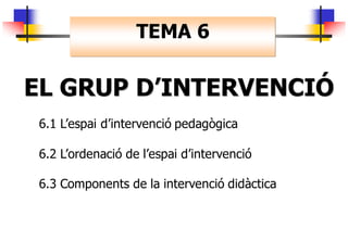TEMA 6

EL GRUP D’INTERVENCIÓ
 6.1 L’espai d’intervenció pedagògica

 6.2 L’ordenació de l’espai d’intervenció

 6.3 Components de la intervenció didàctica
 