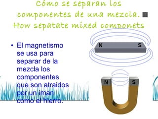 Cómo se separan los componentes de una mezcla. How sepatate mixed componets El magnetismo se usa para separar de la mezcla los componentes que son atraidos por un iman como el hierro. 