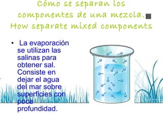 Cómo se separan los componentes de una mezcla. How separate mixed components La evaporación se utilizan las salinas para obtener sal. Consiste en dejar el agua del mar sobre superficies con poca profundidad. 
