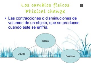 Los cambios físicos Phisical change Las contracciones o disminuciones de volumen de un objeto, que se producen cuando este se enfría. Líquido Sólido Gaseoso 