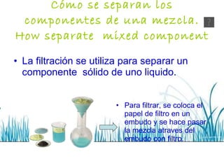 Cómo se separan los componentes de una mezcla. How separate  mixed component La filtración se utiliza para separar un componente  sólido de uno liquido. Para filtrar, se coloca el papel de filtro en un embudo y se hace pasar la mezcla atraves del embudo con filtro. 