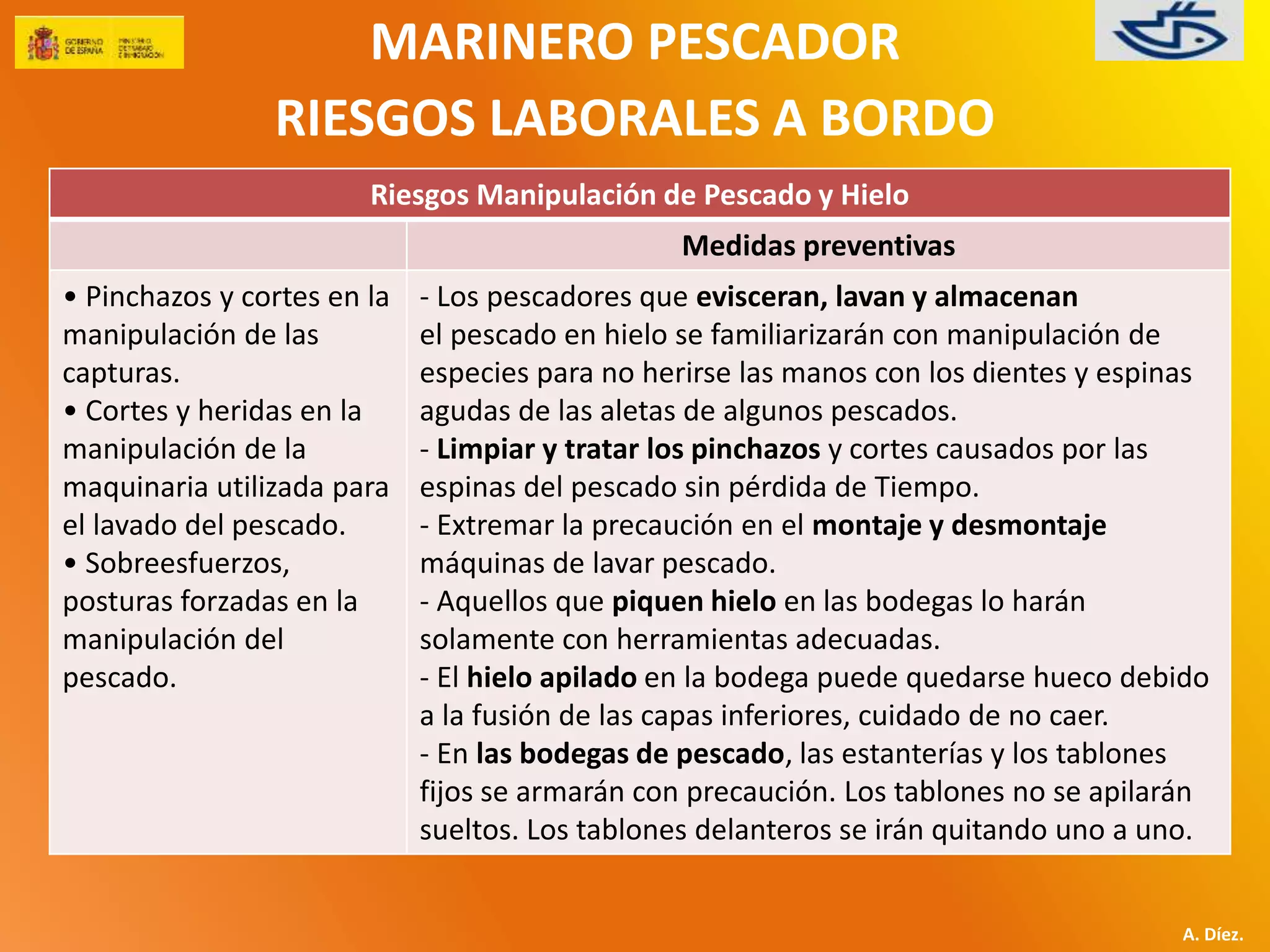 MARINERO PESCADOR 
RIESGOS LABORALES A BORDO 
A. Díez. 
Riesgos Manipulación de Pescado y Hielo 
Medidas preventivas 
• Pinchazos y cortes en la 
manipulación de las 
capturas. 
• Cortes y heridas en la 
manipulación de la 
maquinaria utilizada para 
el lavado del pescado. 
• Sobreesfuerzos, 
posturas forzadas en la 
manipulación del 
pescado. 
- Los pescadores que evisceran, lavan y almacenan 
el pescado en hielo se familiarizarán con manipulación de 
especies para no herirse las manos con los dientes y espinas 
agudas de las aletas de algunos pescados. 
- Limpiar y tratar los pinchazos y cortes causados por las 
espinas del pescado sin pérdida de Tiempo. 
- Extremar la precaución en el montaje y desmontaje 
máquinas de lavar pescado. 
- Aquellos que piquen hielo en las bodegas lo harán 
solamente con herramientas adecuadas. 
- El hielo apilado en la bodega puede quedarse hueco debido 
a la fusión de las capas inferiores, cuidado de no caer. 
- En las bodegas de pescado, las estanterías y los tablones 
fijos se armarán con precaución. Los tablones no se apilarán 
sueltos. Los tablones delanteros se irán quitando uno a uno. 
