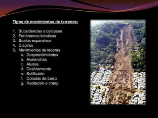 Tipos de movimientos de terrenos:Subsidencias o colapsosFenómenos kársticosSuelos expansivosDiapirosMovimientos de laderasDesprendimientosAvalanchasAludesDeslizamientoSolifluxiónColadas de barroReptación o creep
