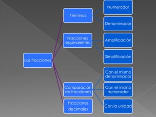 Numerador

                   Términos

                                 Denominador


                  Fracciones     Amplificación
                 equivalentes


                                 Simplificación
Las fracciones


                                 Con el mismo
                                 denominador

                 Comparación     Con el mismo
                 de fracciones    numerador

                  Fracciones
                                 Con la unidad
                  decimales
 