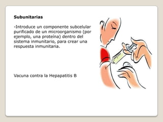 Subunitarias

-Introduce un componente subcelular
purificado de un microorganismo (por
ejemplo, una proteína) dentro del
sistema inmunitario, para crear una
respuesta inmunitaria.




Vacuna contra la Hepapatitis B
 