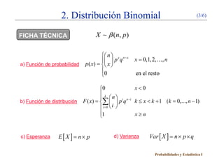 2. Distribución Binomial                                                 (3/6)



FICHA TÉCNICA                      X  β (n, p )

                                        n  x n − x
                                                       x = 0,1, 2, , n
                              p ( x) =  x 
                                              pq
a) Función de probabilidad               
                                       0
                                                       en el resto

                                    0                x<0
                                     k
                                     n
b) Función de distribución   F ( x) ∑   p i q n −i k ≤ x < k + 1 = 0,..., n − 1)
                               =                                    (k
                                     i =0  i 
                                    1
                                                     x≥n


c) Esperanza     E [ X ]= n × p              d) Varianza       Var [ X ] = n × p × q

                                                                 Probabilidades y Estadística I
 