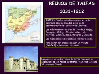PROFESORA: Mª Victoria Landa TAIFAS: Son los estados musulmanes de la península Ibérica creados a raíz de la desintegración del  califato de Córdoba. Los más importantes: Sevilla. Toledo, Badajoz, Zaragoza,  Málaga, Córdoba, Albarracín, Tortosa,  Valencia, Denia, Baleares y Granada. Los más poderosos atacaban a los más débiles. Para evitar ser atacados pagan un tributo (PARIAS)  a los reyes cristianos. Las guerras entre los reinos de taifas favoreció la  expansión de los reinos   cristianos , y en 1085 Alfonso VI conquistó Toledo REINOS DE TAIFAS  1031-1212 