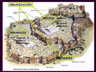 PROFESORA: Mª Victoria Landa ORGANIZACIÓN MEDINA Mezquita, zoco, Alcaicería; alhóndigas,... ARRABALES religiosos, étnicos o profesionales ARRABALES 