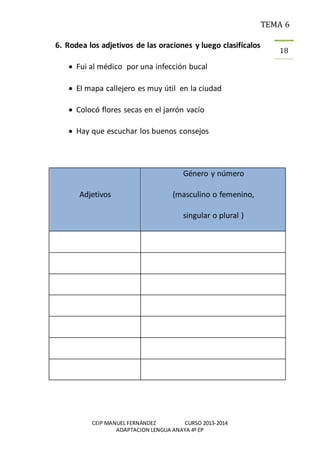 TEMA 6
CEIP MANUEL FERNÁNDEZ CURSO 2013-2014
ADAPTACION LENGUA ANAYA 4º EP
18
6. Rodea los adjetivos de las oraciones y luego clasifícalos
 Fui al médico por una infección bucal
 El mapa callejero es muy útil en la ciudad
 Colocó flores secas en el jarrón vacío
 Hay que escuchar los buenos consejos
Adjetivos
Género y número
(masculino o femenino,
singular o plural )
 