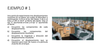 EJEMPLO # 1
Una partícula experimenta tres desplazamientos
sucesivos en un plano, los cuales se describen a
continuación: 4.13 m al Sur del Oeste; 5.26 m al
Este y 5.94 m 64.0° al Norte del Oeste. Elija el
eje “x” apuntando al Este y el eje “y” apuntando
al Norte.
a) Encuentre las componentes de cada
desplazamiento.
b) Encuentre las componentes del
desplazamiento resultante.
c) Encuentre la magnitud y dirección del
desplazamiento resultante.
d) Encuentre el desplazamiento que se
requiere para traer de nuevo a la partícula
al punto de arranque.
 