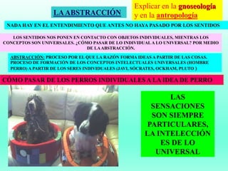 LAABSTRACCIÓN
Explicar en la gnoseología
y en la antropología
NADA HAY EN EL ENTENDIMIENTO QUE ANTES NO HAYA PASADO POR LOS SENTIDOS
LOS SENTIDOS NOS PONEN EN CONTACTO CON OBJETOS INDIVIDUALES, MIENTRAS LOS
CONCEPTOS SON UNIVERSALES. ¿CÓMO PASAR DE LO INDIVIDUAL A LO UNIVERSAL? POR MEDIO
DE LAABSTRACCIÓN.
CÓMO PASAR DE LOS PERROS INDIVIDUALES A LA IDEA DE PERRO
LAS
SENSACIONES
SON SIEMPRE
PARTICULARES,
LA INTELECCIÓN
ES DE LO
UNIVERSAL
ABSTRACCIÓN: PROCESO POR EL QUE LA RAZÓN FORMA IDEAS A PARTIR DE LAS COSAS.
PROCESO DE FORMACIÓN DE LOS CONCEPTOS INTELECTUALES UNIVERSALES (HOMBRE
PERRO) A PARTIR DE LOS SERES INDIVIDUALES (JAVI, SÓCRATES, OCKHAM, PLUTO )
 
