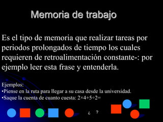 Memoria de trabajo

Es el tipo de memoria que realizar tareas por
periodos prolongados de tiempo los cuales
requieren de retroalimentación constante-: por
ejemplo leer esta frase y entenderla.

Ejemplos:
•Piense en la ruta para llegar a su casa desde la universidad.
•Saque la cuenta de cuanto cuesta: 2×4+5÷2=

                                         ¿   ?
 