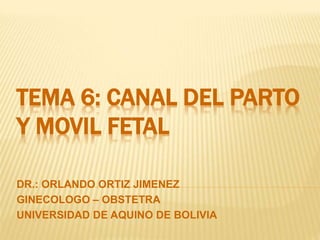 TEMA 6: CANAL DEL PARTO
Y MOVIL FETAL
DR.: ORLANDO ORTIZ JIMENEZ
GINECOLOGO – OBSTETRA
UNIVERSIDAD DE AQUINO DE BOLIVIA
 